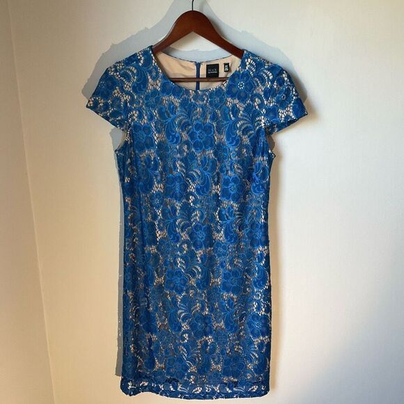 Black Saks Fifth Avenue Royal Blue Lace Overlay Dress, Medium. Elegant! - Picture 11 of 16